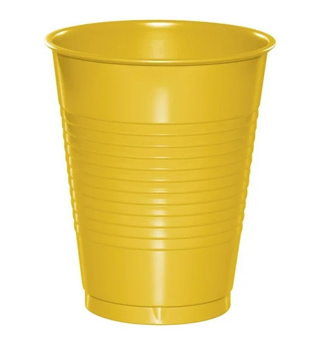 School Bus Yellow Plastic Cups. These plastic cups feature a deep yellow color and a raised grip, and should only be used for cold drinks. Package includes 20 count 16oz cups.