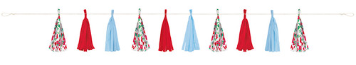 Sweet Strawberry Fabric Tassel Garland. This garland includes 10 fabric tassels in red, light blue, and a pattern of strawberries with leaves and flowers. Measures 7 ft.