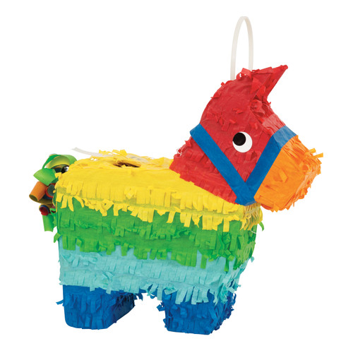 Mini Colorful Donkey Pinata Decoration. This small cardstock decoration features a donkey with colorful paper fringe like a pinata. Measures 7.5in x 8in.