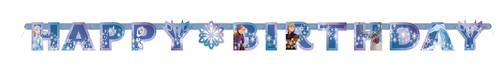 Disney Frozen Jointed Happy Birthday Banner. This printed cardstock banner features "HAPPY BIRTHDAY" spelled out in blue letters with fades of purple, sprinkles of white snowflakes, and characters from Frozen incorporated throughout. A snowflake shape separates the two words. Measures 6ft.