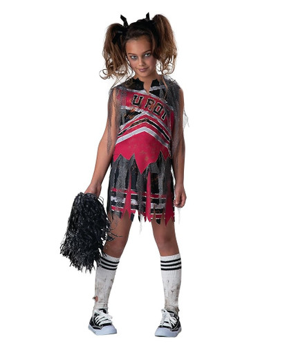 Spiritless Cheerleader. This polyester costume features a black, white, and red top with "U ROT" in black text. It includes a tattered skirt and detachable mesh along with a black pom pom. Shoes, socks, and hair ties not included. Medium size 8, Large size 10, X Large size 12, 2X Large size 14.