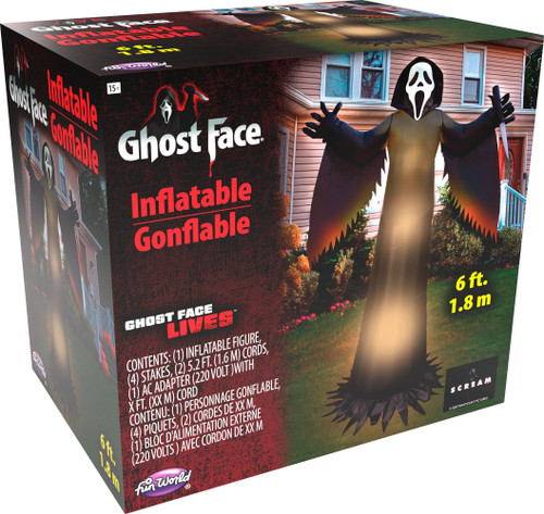 Ghost Face Lawn Decoration. This tall Ghost Face inflatable shows the white masked, black hooded figure holding a knife. It includes 4 count stakes, 2 count 5.2ft 1.6m cords, an AC adapter with cord, and an instruction sheet. Measures 6ft when inflated.