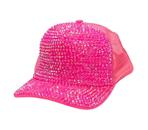 Neon Rhinestone Cap - Pink. This bright, shimmery hat is available in pink, orange, yellow, or green. Desired color not guaranteed. One size fits most.