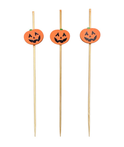 Halloween Appetizer Picks - Pumpkin. These bamboo picks feature small characters at the top. Available in pumpkins, witch hats, ghosts, and bats. Desired style not guaranteed. Package includes 16 count picks measuring about 4.72in