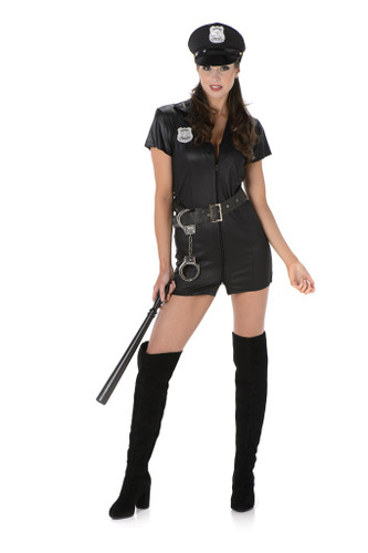 Adult Sexy Cop. This black, zip up dress features a black faux leather belt, silver handcuffs, and hat. The dress and hat have silver badge patches that say "Special Police." Baton, socks, and shoes not included. Available in size X Small (4 - 6), Small (6 - 8), Medium (10 - 12), Large (14 - 16), and X Large (18 - 20).