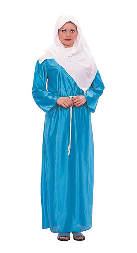Adult Virgin Mary Costume. This polyester costume includes a blue gown measuring about 56in long. It also includes a white headdress and waist tie cord. One size fits most adults.