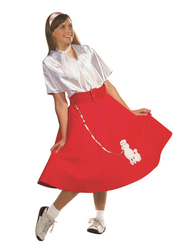 Child Red Poodle Skirt Costume. This classic retro outfit includes a white short-sleeve shirt, a white tule scarf, and a red poodle skirt featuring a white poodle applique with a silver sequin leash detail. Shoes, headband, and belt not included. Size Small fits 4 -6, Medium 8 - 10, and Large 12 - 14.