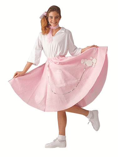 Adult Pink Poodle Skirt Costume. This classic retro outfit includes a white lace scarf (not pictured) and a pink poodle skirt featuring a white poodle applique with a silver sequin leash detail. Shoes, socks, bow, and shirt not included. One size 16 - 20