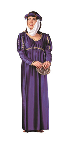 Adult Purple Renaissance Queen Dress. This royal ensemble includes a long-sleeve purple dress adorned with gold accents. The matching headpiece completes the look, adding a touch of medieval charm fit for a true queen. Package includes dress and headpiece. Shoes not included. One size fits most adults.