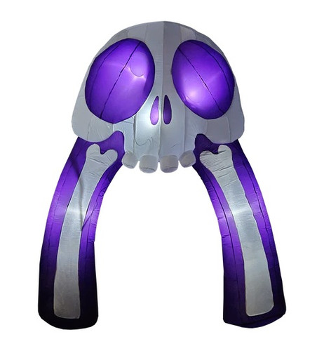 Skull & Bones Inflatable Arch. This inflatable archway has two white bones with a large skull at the top. At night this decoration has purple LED lights in certain sections such as the eyes. This kit includes 4 plastic ground stakes, 4 tether fasteners with plastic buckles, 2 water/sandbags, 1 UL/CE standard adapter, and 1 weather resistant fan. Simply secure tethers and stakes and plug into an outlet to inflate. Good for indoor or outdoor use. Measures about 12.8 ft tall when inflated.