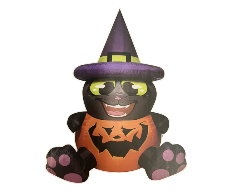 Inflatable Witchy Pumpkin Cat. This smiling black cat is wearing a witch hat on its head and a jackolantern around its body. At night, LEDs keep it visible in the dark. This kit includes 4 plastic ground stakes, 4 tether fasteners with plastic buckles, 1 water/sandbag, 1 UL/CE standard adapter, and 1 weather resistant fan. Simply secure tethers and stakes and plug into an outlet to inflate. Good for indoor or outdoor use. Measures about 6 ft tall when inflated.