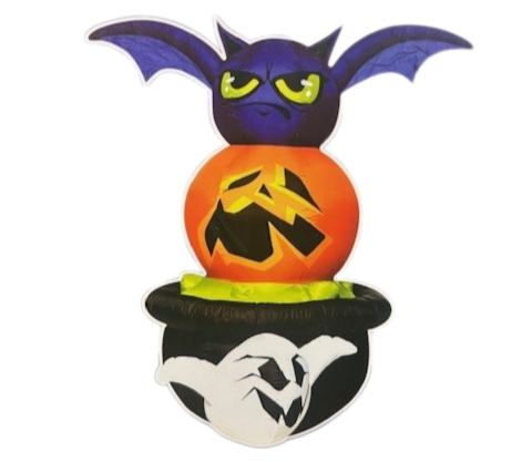 Inflatable Bat King's Cauldron. This inflatable features a bat, jackolantern, and cauldron stacked on top of each other, with the cauldron bubbling with green goo with a ghost on the side. It includes LEDs so it can be seen in the dark. This kit includes 4 metal ground stakes, 2 tether fasteners with plastic buckles, 1 water/sandbag, 1 UL/CE standard adapter, and 1 weather resistant fan. Simply secure tethers and stakes and plug into an outlet to inflate. Good for indoor or outdoor use. Measures about 5.25 ft tall when inflated.