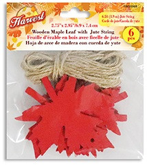 These Wooden Maple Leaves would work well as individual ornaments or together as a streamer. The included brown jute string can be strung though holes in the top of the leaves. Available in red, orange, and brown. Desired color not guaranteed. Package includes 6 count leaves measuring 2.75in x 2.95in with jute string measuring 6.5ft.