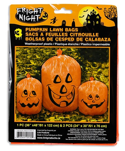 Pumpkin Lawn Bags. Bright orange and weather proof, these bags have printed smiling jack o lantern faces, with one measuring 36in x 48in when full, and two measuring 24in x 30in. Stuffing not included. Package includes 3 count pumpkin lawn bags with twist ties.