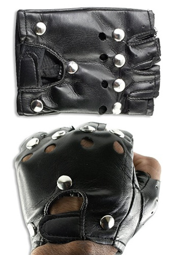 Punk Gloves. These black faux leather fingerless gloves include shiny silver studs. Package includes 1 count pair of gloves. One size fits most adults and older teens.