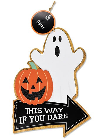 Halloween Glitter Sign - Ghost. This medium density fiberboard sign is available in two styles. One is a ghost with a jackolantern with a black arrow that says "THIS WAY IF YOU DARE." The other is a black coffin with skeleton and the text "BEWARE." It includes glitter and a jute hanger. Desired style isn't guaranteed. Measures 13in x 9.5in.