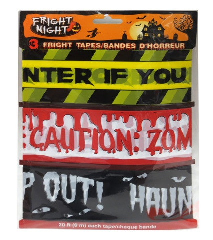 Fright Tape. This set includes a yellow and black "ENTER IF YOU DARE" tape, a white and bloody red "CAUTION: ZOMBIE ZONE" tape, and a black with white text "KEEP OUT!" Use on haunted houses, trunk or treats, or as yard decoration for added scare factor. Package includes 3 count packs of tape each measuring 20ft. For decorative purposes only.