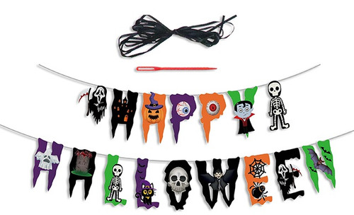 Happy Halloween Letter Banner. This banner includes letters that spell "HAPPY HALLOWEEN" in black, orange, purple, and green, incorporating characters like the grim reaper, a vampire, a ghost, black cat, and more. It includes a black ribbon and a plastic needle to help add the letters. Assembly required. Measures 9.8ft when assembled.