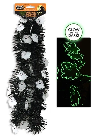 Glow in the Dark Halloween Tinsel - Black Tinsel with Ghosts. This 3ply foil tinsel has diecut characters that glow in the dark. Styles included black tinsel with ghosts, black tinsel with jack o lanterns, and purple tinsel with spiders. Desired style not guaranteed. Measures 9ft.