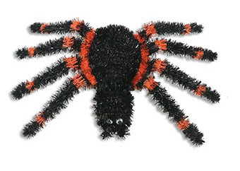 Two Tone Jumbo Tinsel Spider - Black with orange. This large spider made of shimmery tinsel and googly eyes is available in four styles: black or purple with orange or white details. Desired style not guaranteed. Measures 22.8in x 11.8in. The underside can lie flat against a wall. Shipping may be extra due to size.