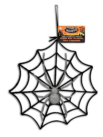 Spider Web Hanger - Silver. This black spider web with a black ribbon hanger is available with either a silver or a gold glitter spider. Desired color not guaranteed. Package includes 1 count hanger, measuring 11in.