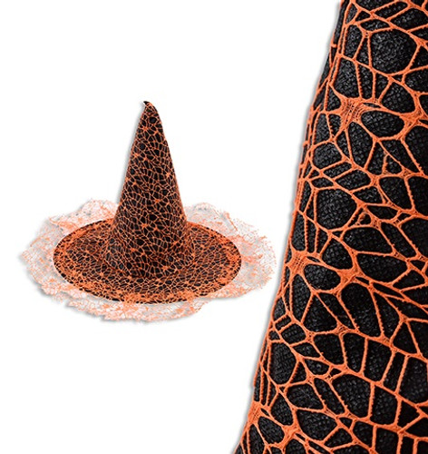 Spider Web Non-woven Witch Hat - Orange. This black witch hat is covered in a spider web like design that gives it a lacy look. Spider web available in the colors orange, purple, or black. Desired color not guaranteed. Measures 14.2in x 21.25in.