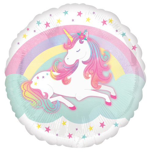 Enchanted Unicorn Balloon. This round, white foil balloon features a white unicorn with rainbow hair laying on a cloud in front of a rainbow, with multicolor stars along the top and bottom. This balloon will inflate to approximately 17 inches.