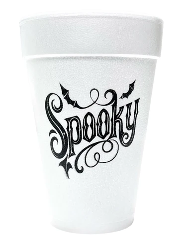 Spooky Halloween Styrofoam Cups. White, featuring "Spooky" in a fancy font accented with filigree and bat wings in black ink. Each sleeve includes 25 durable cups, 16 oz, perfect for hot or cold drinks at your Halloween party. Printed on both sides.