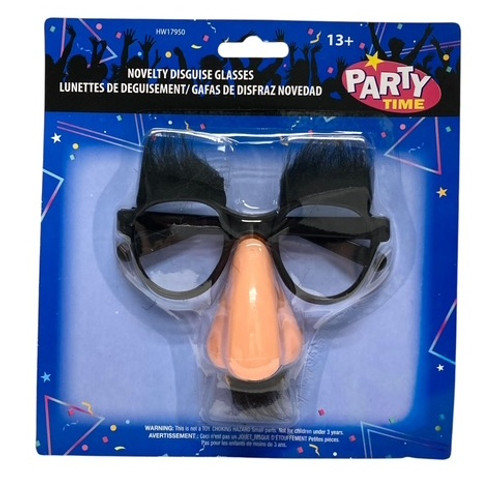 Novelty Disguise Glasses. Each pair features an oversized cartoon-style nose, classic black plastic frames, and attached fuzzy eyebrows and moustache. One size fits most.