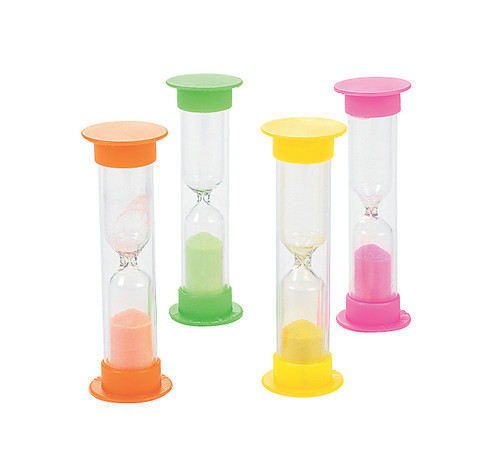 Plastic 3-Minute Timers. These small plastic hour glasses have colorful bases and sand in orange, green, yellow, and pink, and can time about 3 minutes. Package includes 12 count timers measuring 3in.