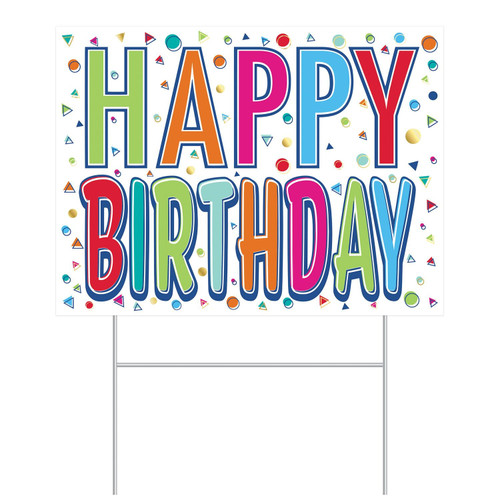 Colorful Plastic Happy Birthday Yard Sign. This white plastic sign features “Happy Birthday” in multicolor letters surrounded by confetti and includes 1 metal “H” stake. Measures 11.5in x 15.5in.