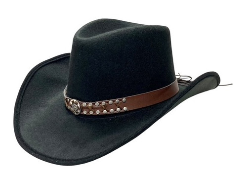 Adult Black Deluxe Cowboy Hat. This black hat features a high crown with a brown faux leather band with a tied back string and a front spur shaped medallion. One size fits most adults and older teens.