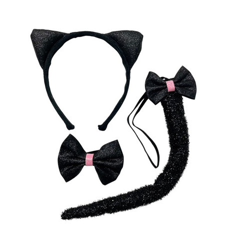 Glitter Kitten Set. This set features glitter bow tie in pink and black, a black tail with matching bow and belt loop, and black headband ears. One size fits most.