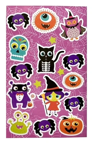 Large Halloween Sticker Sheet - Spiders and Monsters. A variety of cute stickers of creatures, with extra spiders. Desired style not guaranteed. Package includes 1 count sticker sheet, measuring 7.25in x 11.5in.