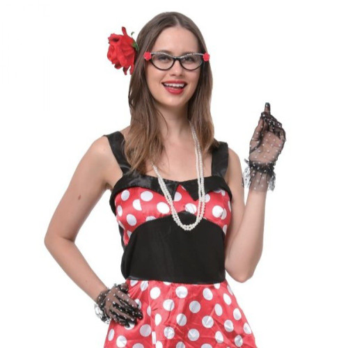 50s Dance Party Kit. This kit includes black cat-eye glasses with clear rhinestones and plastic pink roses, a white pearl plastic necklace, red fabric flower hair clip, and black sheer gloves with white polka dots. Dress not included. One size fits most.