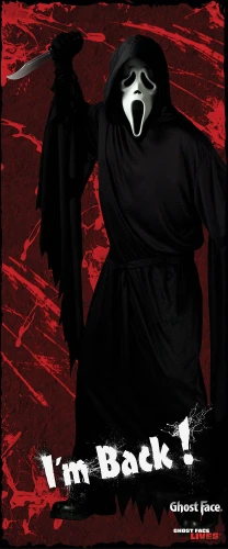 Ghost Face Plastic Doorcover. This plastic doorcover features a print of Ghost Face holding up a knife over a splotchy red background, with "I'm Back!" in white text near the bottom. Measures 30in x 6ft.