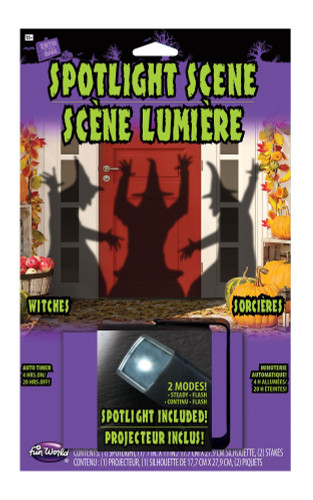 Spotlight Scene with Witches. This spotlight includes a silhouette of three witches around a cauldron. It has an auto timer that can remain on for 4 hours and off for 20 hours, with two modes for steady and flashing.  For indoor or outdoor use. Package includes 1 count silhouette, 2 count ground stakes, 1 count LED spotlight with two modes and auto timer. Requires 3 AAA batteries, not included.