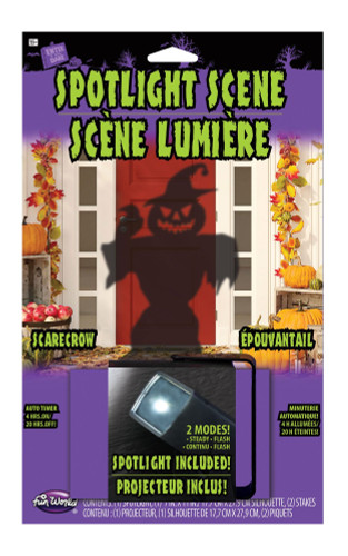 Spotlight Scene with Scarecrow. This spotlight includes a silhouette of a spooky scarecrow with a jack o lantern face and a crow on its shoulder. It has an auto timer that can remain on for 4 hours and off for 20 hours, with two modes for steady and flashing.  For indoor or outdoor use. Package includes 1 count silhouette, 2 count ground stakes, 1 count LED spotlight with two modes and auto timer. Requires 3 AAA batteries, not included.