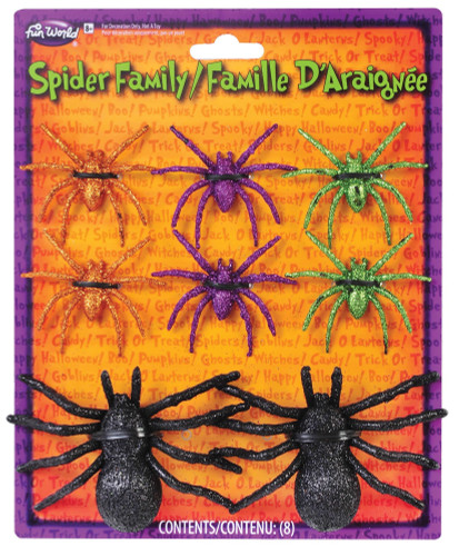 Glitter Spiders. These plastic spiders feature a glittery finish in black, orange, purple, and green. Package includes 2 count black spiders measuring 4in x 2.5in and 6 count colorful spiders measuring 2.5in x 2in.