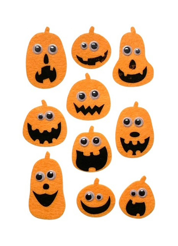 Felt Halloween Stickers - Orange pumpkins with googly eyes. Available in orange pumpkins with googly eyes or white ghosts, these character stickers come in a variety of shapes and sizes. Desired style not guaranteed. Package includes 1 sheet of 10 stickers, each sticker measuring about 1.5in - 2in.
