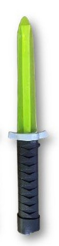 Green Light Up Ninja Dagger. This green plastic dagger with a black and silver handle has built in LEDs and sound effects, enhancing anyone's ninja costume. Requires 3 AAA batteries (included). Measures 12in. Green Light Up Ninja Dagger. This green plastic dagger with a black and silver handle has built in LEDs and sound effects, enhancing anyone's ninja costume. Requires 3 AAA batteries (included). Measures 12in.