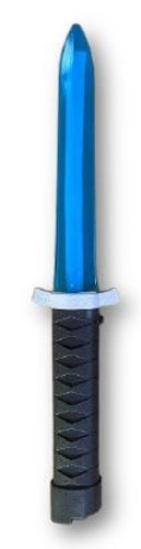 Blue Light Up Ninja Dagger. This blue plastic dagger with a black and silver handle has built in LEDs and sound effects, enhancing anyone's ninja costume. Requires 3 AAA batteries (included). Measures 12in. Blue Light Up Ninja Dagger. This blue plastic dagger with a black and silver handle has built in LEDs and sound effects, enhancing anyone's ninja costume. Requires 3 AAA batteries (included). Measures 12in.