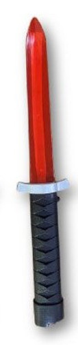 Red Light Up Ninja Dagger. This red plastic dagger with a black and silver handle has built in LEDs and sound effects, enhancing anyone's ninja costume. Requires 3 AAA batteries (included). Measures 12in. Red Light Up Ninja Dagger. This red plastic dagger with a black and silver handle has built in LEDs and sound effects, enhancing anyone's ninja costume. Requires 3 AAA batteries (included). Measures 12in.