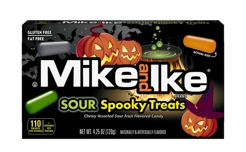 Mike and Ike Sour Spooky Treats. This box contains chewy sour flavors Ghoulish Grape, Orange Scream, and Wicked Watermelon. Perfect for scary movie night or on the go. Net WT 4.25 oz.