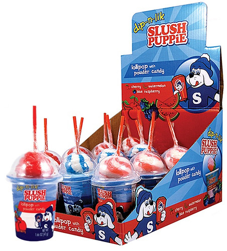 Slush Puppie Dip-N-Lik is a combination of a lollipop and powdered candy in a mini Slush Puppie shaped container. Available in cherry, watermelon, and blue raspberry flavors. Desired flavor not guaranteed. Package includes 1 count cup of candy, Net WT 1.66oz.