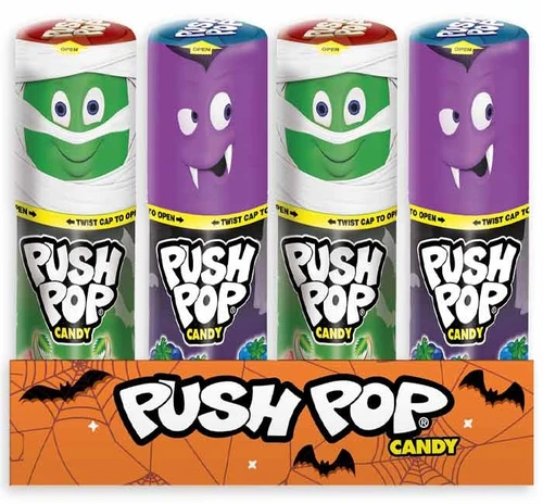 Halloween Monster Push Pop.  Available in Cherry Watermelon with a Mummy wrapper or Blue Raspberry with a Vampire wrapper, the convenient plastic container keeps your candy secure. Package includes 1 count candy and container. Desired style not guaranteed. Container measures about 3in. Net WT .5oz.