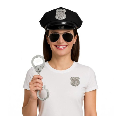 Police Officer Costume Kit. This kit includes a black police hat, silver color badge, aviators, and toy handcuffs. One size fits most adults and older teens.