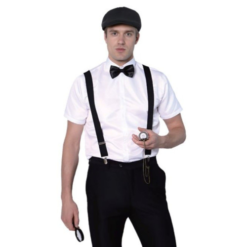 Detective Costume Kit. This kit includes a black newsboy cap, a black bowtie, black suspenders, a pocket watch (measuring 3.5in), and a small magnifying glass. One size fits most adults and older teens.