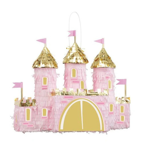 Princess Castle Piñata. Shaped like castle with towers and flags, this pinata is pink with accents of gold foil. Measures 16.5in x 14.25in. Candy and favors not included.