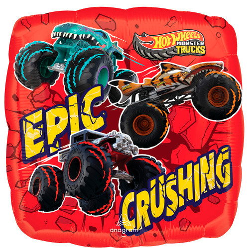 Hot Wheels Monster Trucks Balloon. This double sided square shaped balloon features monster trucks of different colors and shapes with the Hot Wheels logo and the text "EPIC" and "CRUSHING" in cracked yellow text with navy blue outlines. Balloon is approximately 17 inches after inflation.